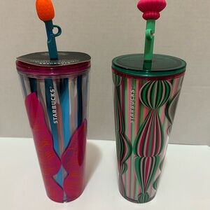 Starbucks Striped and Patterned Tumblers with Pink and Green Accents